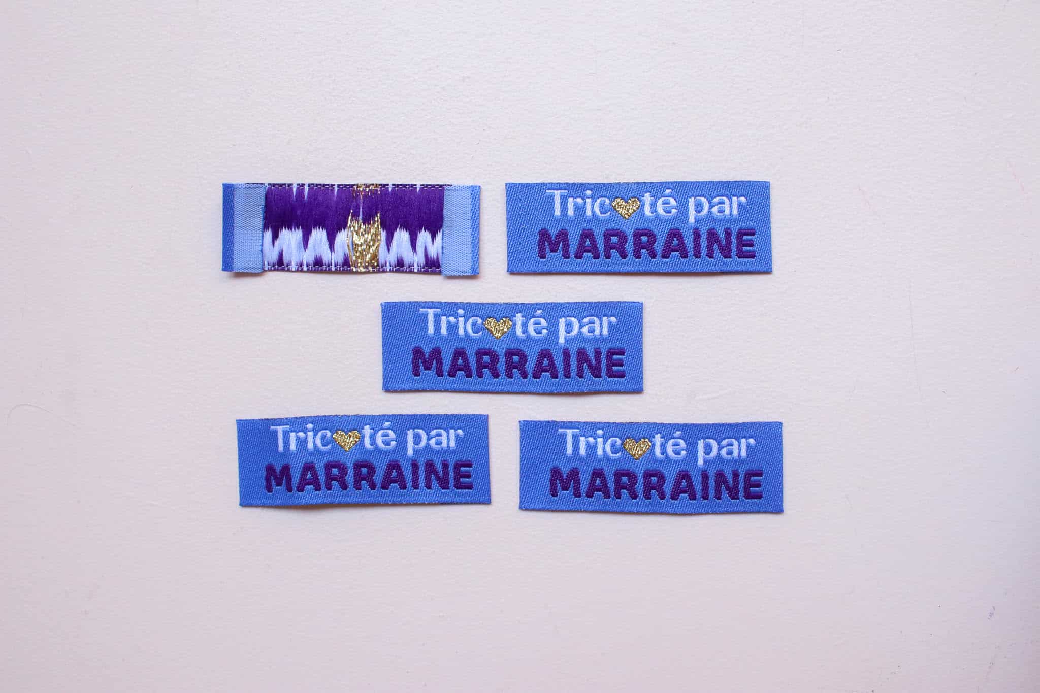 Étiquettes Tissées à Coudre “Tricoté par Marraine”